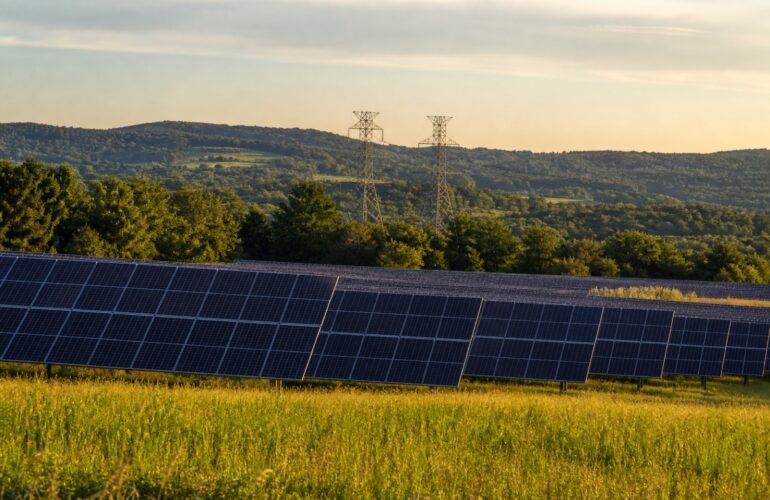 Pennsylvania solar farm and transmission towers illustrating PJM Cycle 1 interconnection studies.