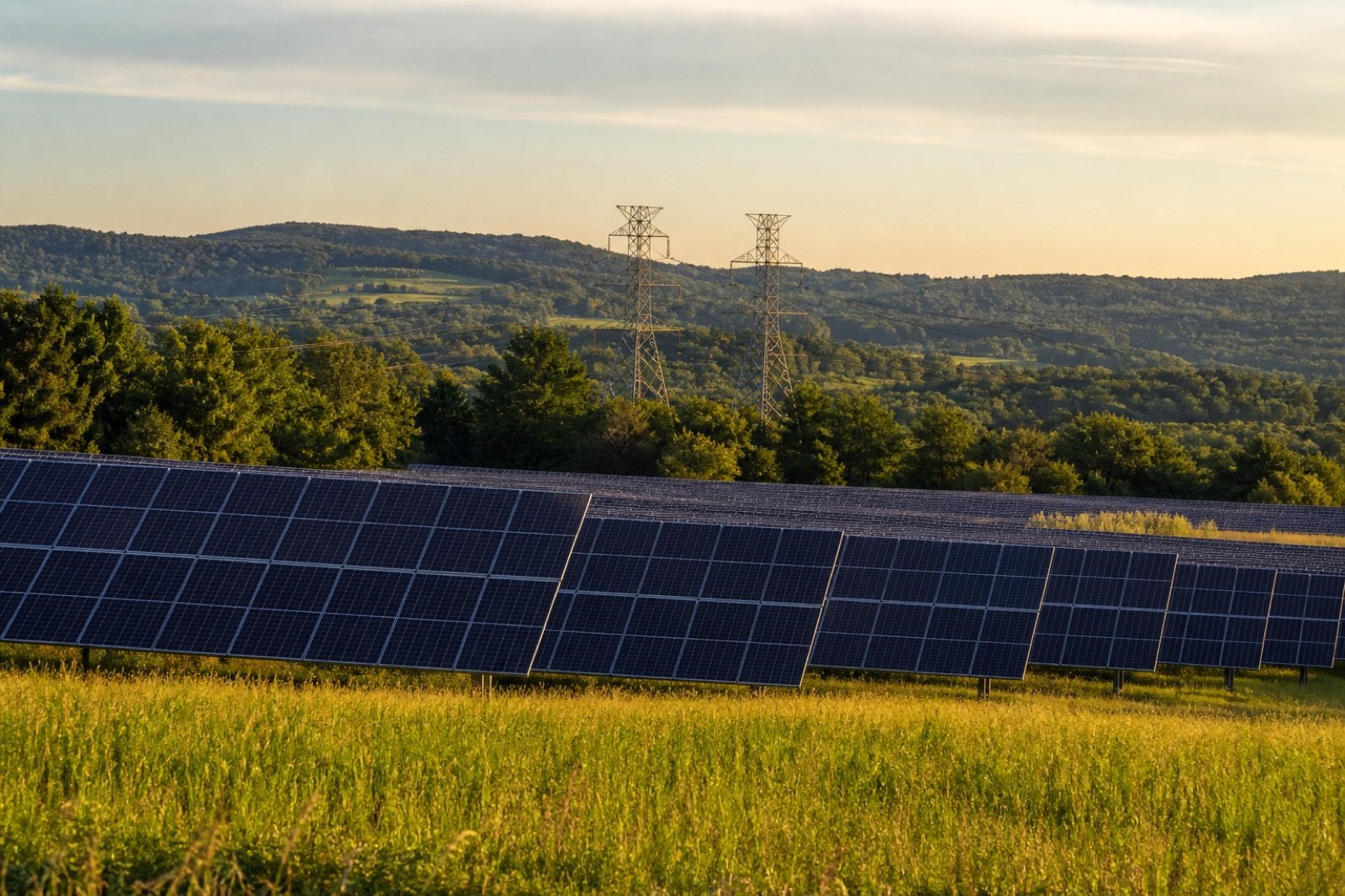 Pennsylvania solar farm and transmission towers illustrating PJM Cycle 1 interconnection studies.