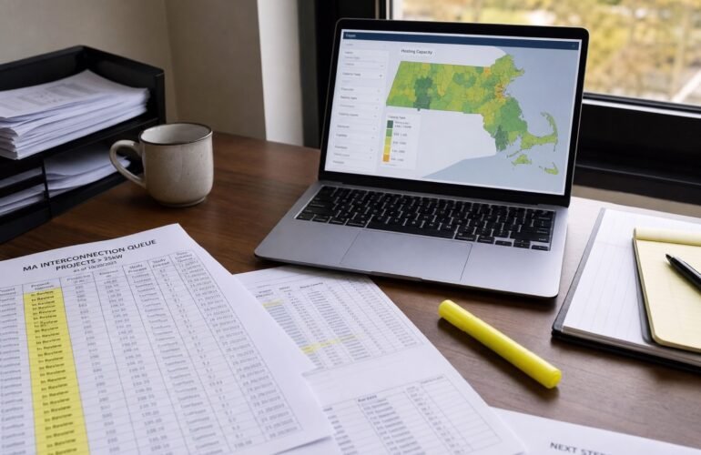 Project manager desk with Massachusetts interconnection queue printouts and a hosting capacity map on a laptop.