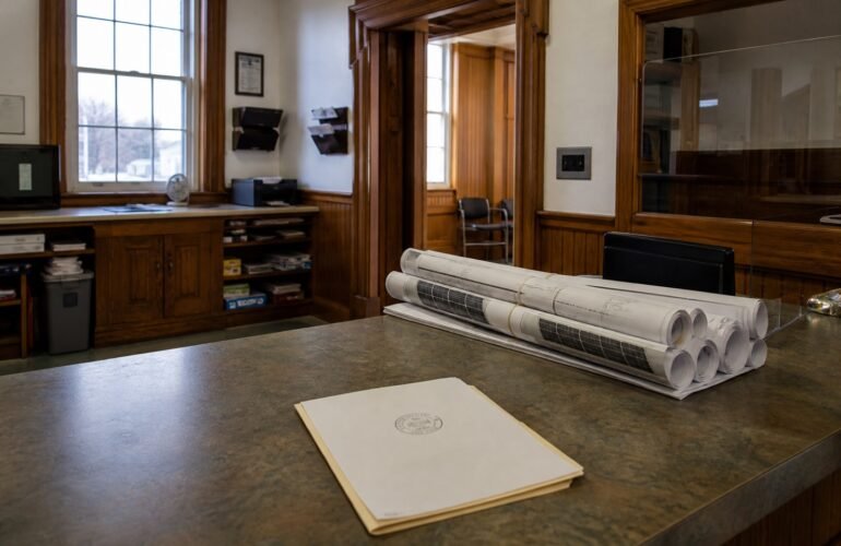 Connecticut municipal building department counter with solar permit drawings and an approved permit folder.